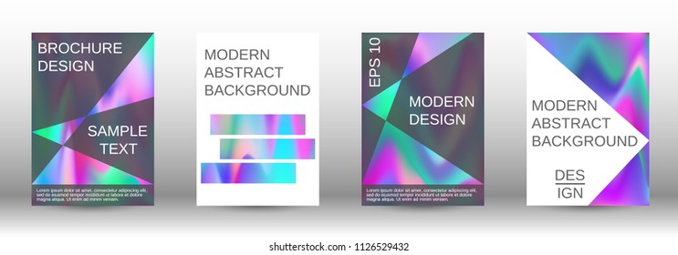 Set for liquid. Holographic abstract backgrounds. Bright mesh blurred pattern in pink, blue, green tones. Fashionable advertising vector in retro  for book, annual, mobile interface, web application.