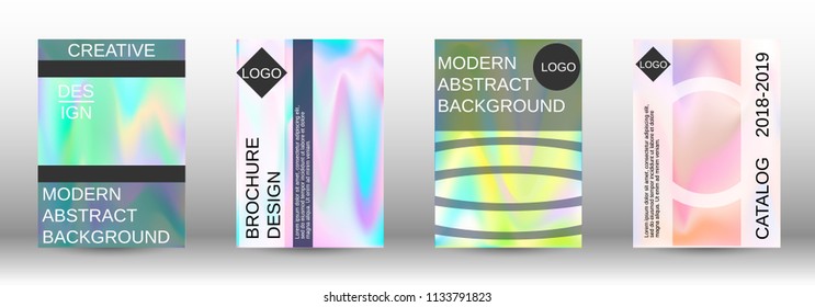 Set for liquid. Holographic abstract backgrounds. Bright mesh blurred pattern in pink, blue, green tones. Fashionable advertising vector in retro  for book, annual, mobile interface, web application.