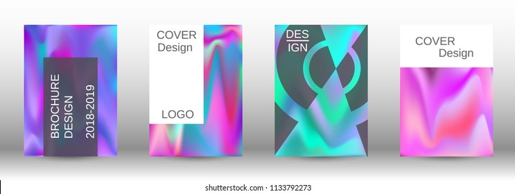 Set for liquid. Holographic abstract backgrounds. Bright mesh blurred pattern in pink, blue, green tones. Fashionable advertising vector in retro  for book, annual, mobile interface, web application.