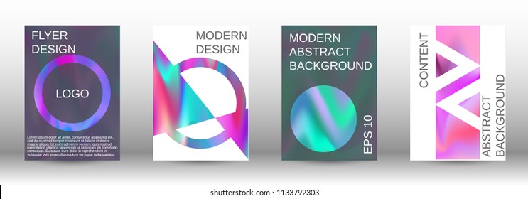 Set for liquid. Holographic abstract backgrounds. Bright mesh blurred pattern in pink, blue, green tones. Fashionable advertising vector in retro  for book, annual, mobile interface, web application.
