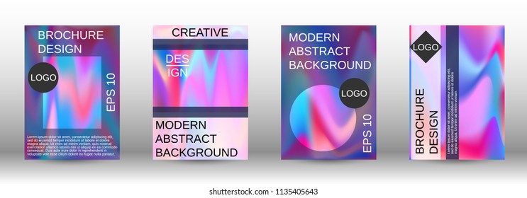 Set for liquid. Holographic abstract backgrounds. Bright mesh blurred pattern in pink, blue, green tones. Fashionable advertising vector in retro  for book, annual, mobile interface, web application.