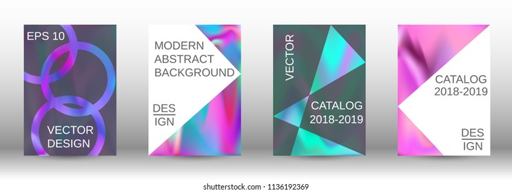 Set for liquid. Holographic abstract backgrounds. Bright mesh blurred pattern in pink, blue, green tones. Fashionable advertising vector in retro  for book, annual, mobile interface, web application.