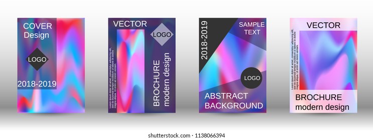 Set for liquid. Holographic abstract backgrounds. Bright mesh blurred pattern in pink, blue, green tones. Fashionable advertising vector in retro  for book, annual, mobile interface, web application.