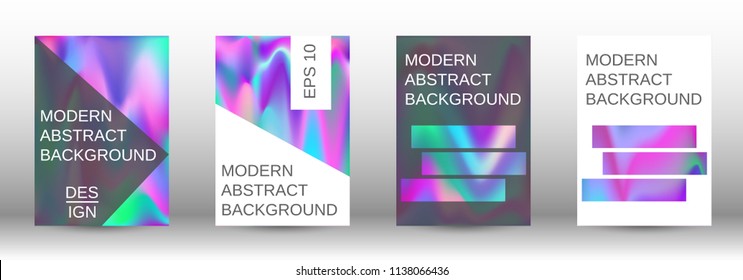 Set for liquid. Holographic abstract backgrounds. Bright mesh blurred pattern in pink, blue, green tones. Fashionable advertising vector in retro  for book, annual, mobile interface, web application.