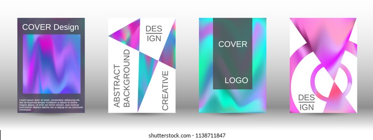 Set for liquid. Holographic abstract backgrounds. Bright mesh blurred pattern in pink, blue, green tones. Fashionable advertising vector in retro  for book, annual, mobile interface, web application.