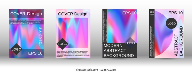 Set for liquid. Holographic abstract backgrounds. Bright mesh blurred pattern in pink, blue, green tones. Fashionable advertising vector in retro  for book, annual, mobile interface, web application.