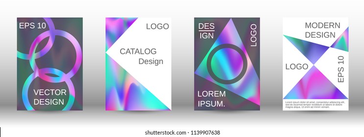 Set for liquid. Holographic abstract backgrounds. Bright mesh blurred pattern in pink, blue, green tones. Fashionable advertising vector in retro  for book, annual, mobile interface, web application.