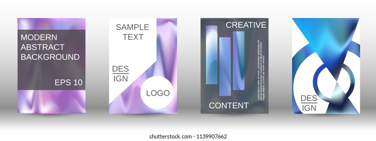 Set for liquid. Holographic abstract backgrounds. Bright mesh blurred pattern in pink, blue, green tones. Fashionable advertising vector in retro  for book, annual, mobile interface, web application.