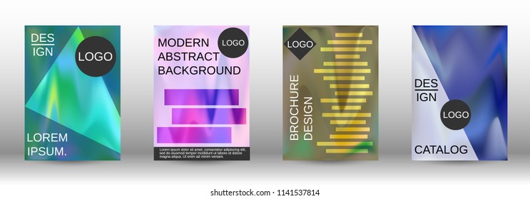 Set for liquid. Holographic abstract backgrounds. Bright mesh blurred pattern in pink, blue, green tones. Fashionable advertising vector in retro  for book, annual, mobile interface, web application.
