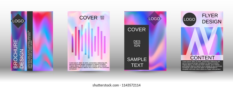 Set for liquid. Holographic abstract backgrounds. Bright mesh blurred pattern in pink, blue, green tones. Fashionable advertising vector in retro  for book, annual, mobile interface, web application.