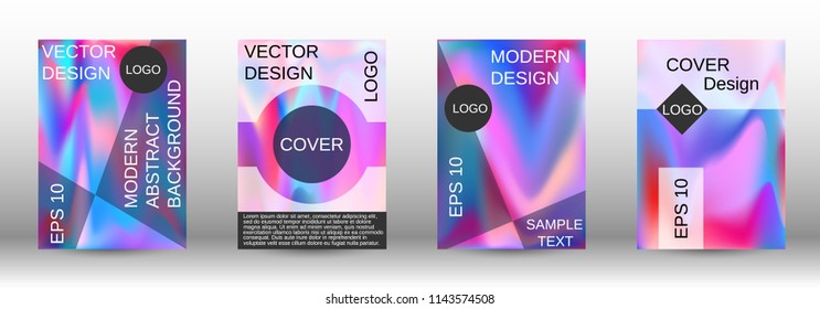 Set for liquid. Holographic abstract backgrounds. Bright mesh blurred pattern in pink, blue, green tones. Fashionable advertising vector in retro  for book, annual, mobile interface, web application.