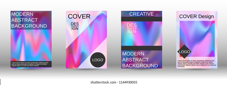 Set for liquid. Holographic abstract backgrounds. Bright mesh blurred pattern in pink, blue, green tones. Fashionable advertising vector in retro  for book, annual, mobile interface, web application.