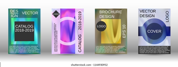 Set for liquid. Holographic abstract backgrounds. Bright mesh blurred pattern in pink, blue, green tones. Fashionable advertising vector in retro  for book, annual, mobile interface, web application.
