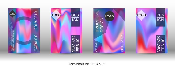 Set for liquid. Holographic abstract backgrounds. Bright mesh blurred pattern in pink, blue, green tones. Fashionable advertising vector in retro  for book, annual, mobile interface, web application.