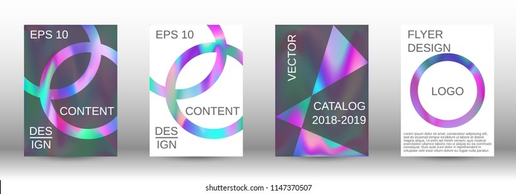 Set for liquid. Holographic abstract backgrounds. Bright mesh blurred pattern in pink, blue, green tones. Fashionable advertising vector in retro  for book, annual, mobile interface, web application.