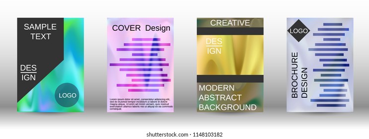 Set for liquid. Holographic abstract backgrounds. Bright mesh blurred pattern in pink, blue, green tones. Fashionable advertising vector in retro  for book, annual, mobile interface, web application.