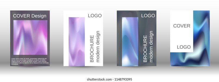 Set for liquid. Holographic abstract backgrounds. Bright mesh blurred pattern in pink, blue, green tones. Fashionable advertising vector in retro  for book, annual, mobile interface, web application.