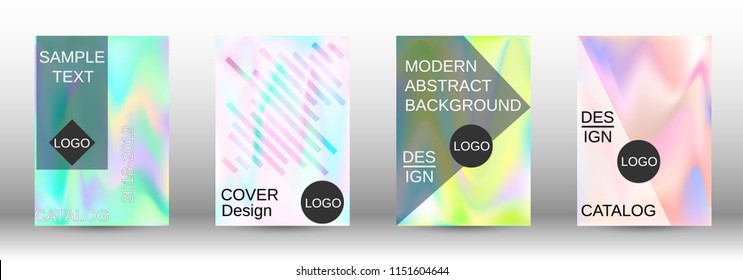 Set for liquid. Holographic abstract backgrounds. Bright mesh blurred pattern in pink, blue, green tones. Fashionable advertising vector in retro  for book, annual, mobile interface, web application.