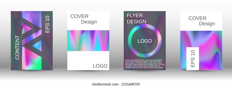 Set for liquid. Holographic abstract backgrounds. Bright mesh blurred pattern in pink, blue, green tones. Fashionable advertising vector in retro  for book, annual, mobile interface, web application.