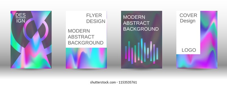 Set for liquid. Holographic abstract backgrounds. Bright mesh blurred pattern in pink, blue, green tones. Fashionable advertising vector in retro  for book, annual, mobile interface, web application.
