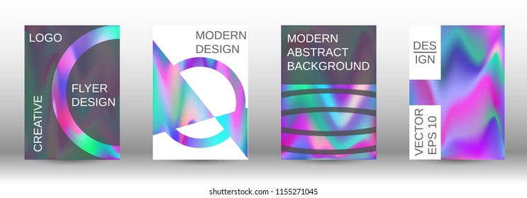 Set for liquid. Holographic abstract backgrounds. Bright mesh blurred pattern in pink, blue, green tones. Fashionable advertising vector in retro  for book, annual, mobile interface, web application.