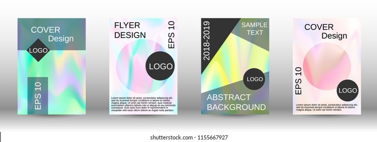 Set for liquid. Holographic abstract backgrounds. Bright mesh blurred pattern in pink, blue, green tones. Fashionable advertising vector in retro  for book, annual, mobile interface, web application.