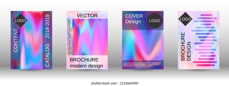 Set for liquid. Holographic abstract backgrounds. Bright mesh blurred pattern in pink, blue, green tones. Fashionable advertising vector in retro  for book, annual, mobile interface, web application.