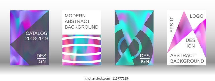 Set for liquid. Holographic abstract backgrounds. Bright mesh blurred pattern in pink, blue, green tones. Fashionable advertising vector in retro  for book, annual, mobile interface, web application.
