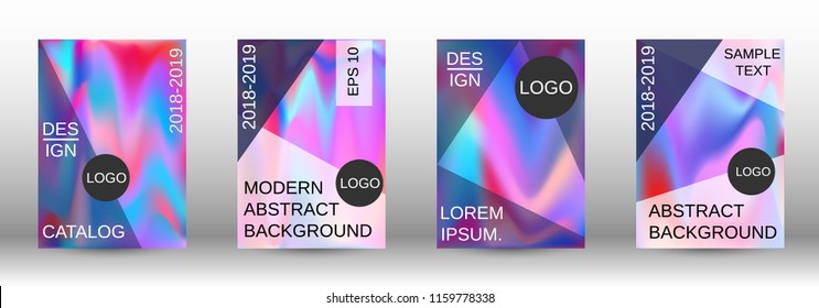 Set for liquid. Holographic abstract backgrounds. Bright mesh blurred pattern in pink, blue, green tones. Fashionable advertising vector in retro  for book, annual, mobile interface, web application.