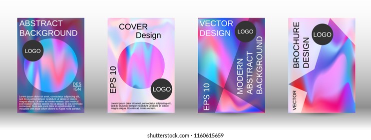 Set for liquid. Holographic abstract backgrounds. Bright mesh blurred pattern in pink, blue, green tones. Fashionable advertising vector in retro  for book, annual, mobile interface, web application.