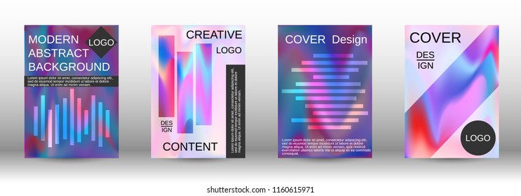 Set for liquid. Holographic abstract backgrounds. Bright mesh blurred pattern in pink, blue, green tones. Fashionable advertising vector in retro  for book, annual, mobile interface, web application.