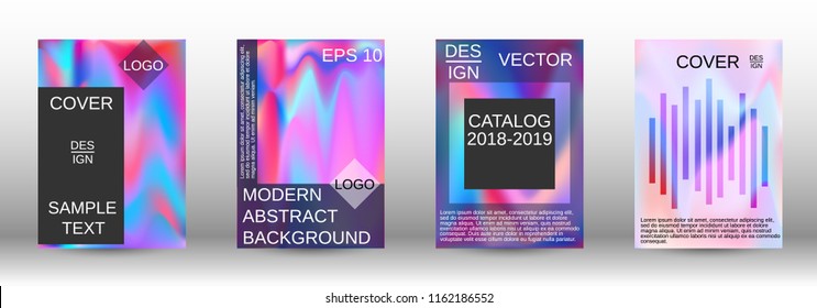 Set for liquid. Holographic abstract backgrounds. Bright mesh blurred pattern in pink, blue, green tones. Fashionable advertising vector in retro  for book, annual, mobile interface, web application.