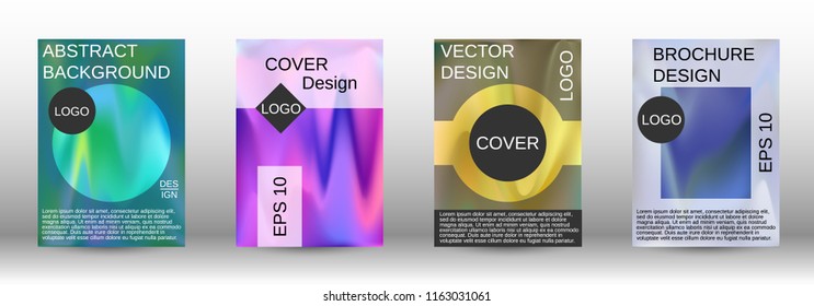 Set for liquid. Holographic abstract backgrounds. Bright mesh blurred pattern in pink, blue, green tones. Fashionable advertising vector in retro  for book, annual, mobile interface, web application.