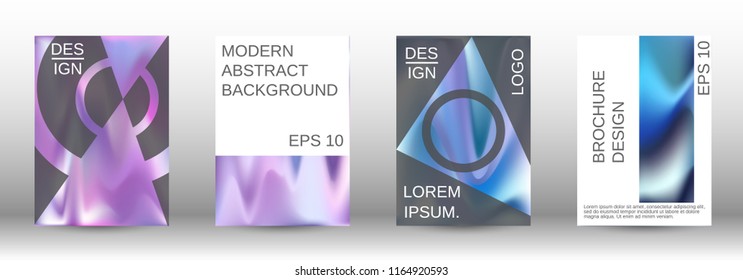 Set for liquid. Holographic abstract backgrounds. Bright mesh blurred pattern in pink, blue, green tones. Fashionable advertising vector in retro  for book, annual, mobile interface, web application.