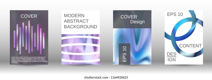 Set for liquid. Holographic abstract backgrounds. Bright mesh blurred pattern in pink, blue, green tones. Fashionable advertising vector in retro  for book, annual, mobile interface, web application.