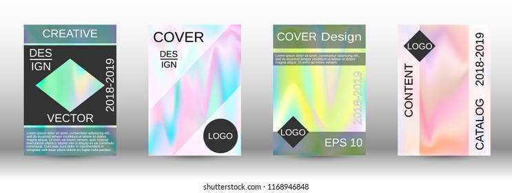 Set for liquid. Holographic abstract backgrounds. Bright mesh blurred pattern in pink, blue, green tones. Fashionable advertising vector in retro  for book, annual, mobile interface, web application.