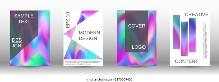 Set for liquid. Holographic abstract backgrounds. Bright mesh blurred pattern in pink, blue, green tones. Fashionable advertising vector in retro  for book, annual, mobile interface, web application.