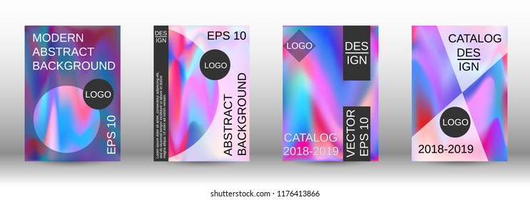 Set for liquid. Holographic abstract backgrounds. Bright mesh blurred pattern in pink, blue, green tones. Fashionable advertising vector in retro  for book, annual, mobile interface, web application.