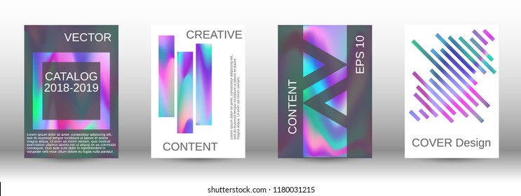Set for liquid. Holographic abstract backgrounds. Bright mesh blurred pattern in pink, blue, green tones. Fashionable advertising vector in retro  for book, annual, mobile interface, web application.