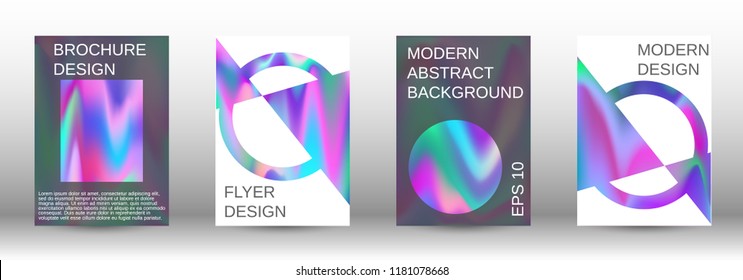 Set for liquid. Holographic abstract backgrounds. Bright mesh blurred pattern in pink, blue, green tones. Fashionable advertising vector in retro  for book, annual, mobile interface, web application.