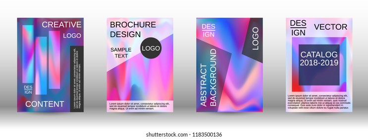 Set for liquid. Holographic abstract backgrounds. Bright mesh blurred pattern in pink, blue, green tones. Fashionable advertising vector in retro  for book, annual, mobile interface, web application.