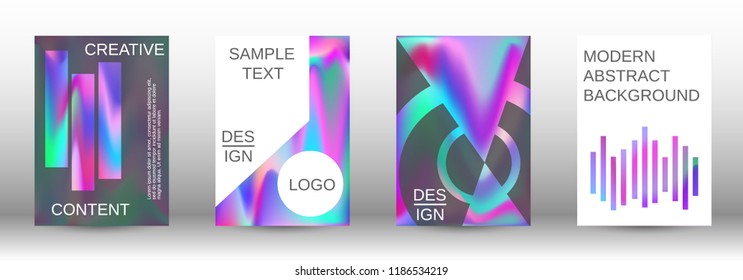 Set for liquid. Holographic abstract backgrounds. Bright mesh blurred pattern in pink, blue, green tones. Fashionable advertising vector in retro  for book, annual, mobile interface, web application.