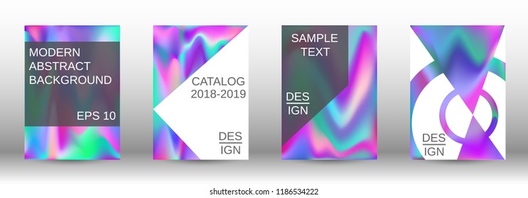 Set for liquid. Holographic abstract backgrounds. Bright mesh blurred pattern in pink, blue, green tones. Fashionable advertising vector in retro  for book, annual, mobile interface, web application.