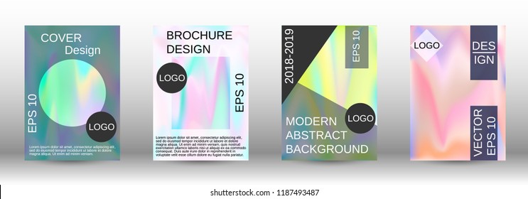 Set for liquid. Holographic abstract backgrounds. Bright mesh blurred pattern in pink, blue, green tones. Fashionable advertising vector in retro  for book, annual, mobile interface, web application.