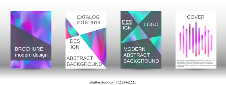 Set for liquid. Holographic abstract backgrounds. Bright mesh blurred pattern in pink, blue, green tones. Fashionable advertising vector in retro  for book, annual, mobile interface, web application.