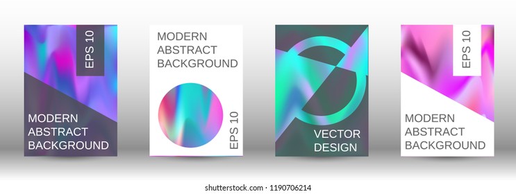 Set for liquid. Holographic abstract backgrounds. Bright mesh blurred pattern in pink, blue, green tones. Fashionable advertising vector in retro  for book, annual, mobile interface, web application.