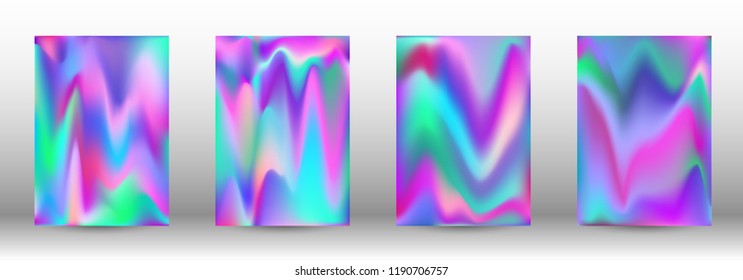 Set for liquid. Holographic abstract backgrounds. Bright mesh blurred pattern in pink, blue, green tones. Fashionable advertising vector in retro  for book, annual, mobile interface, web application.
