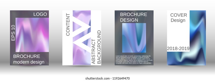 Set for liquid. Holographic abstract backgrounds. Bright mesh blurred pattern in pink, blue, green tones. Fashionable advertising vector in retro  for book, annual, mobile interface, web application.