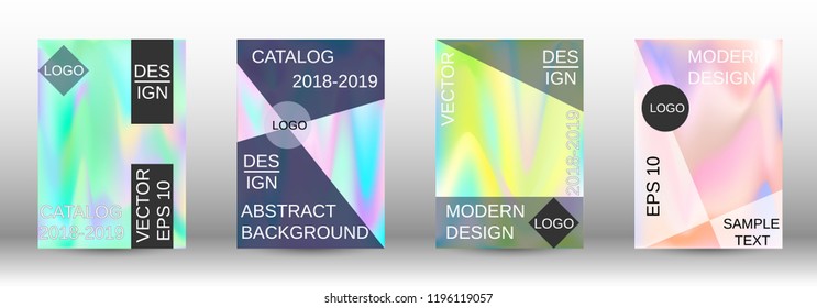 Set for liquid. Holographic abstract backgrounds. Bright mesh blurred pattern in pink, blue, green tones. Fashionable advertising vector in retro  for book, annual, mobile interface, web application.