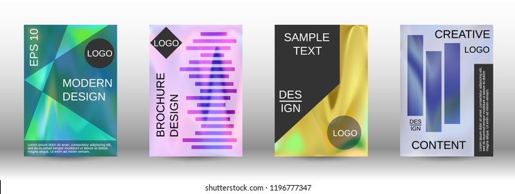 Set for liquid. Holographic abstract backgrounds. Bright mesh blurred pattern in pink, blue, green tones. Fashionable advertising vector in retro  for book, annual, mobile interface, web application.